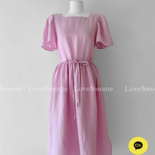 STYLE LOUNGE东大门韩代25春夏新款方领泡泡袖系带收腰连衣裙女