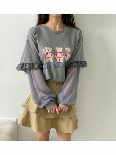 直邮 首尔印象韩代 LOVABLE蕾丝木耳边拼接三小熊宽松长袖T恤女秋
