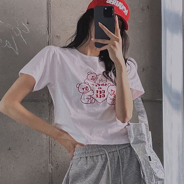 包邮 首尔印象韩代 26ss 减龄韩系可爱小熊圆领棉质短袖T恤上衣女