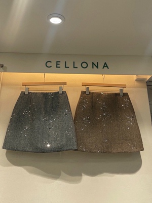 直邮 首尔印象韩代 25fw CELLONA亮片粗呢高腰A字带内衬半身短裙