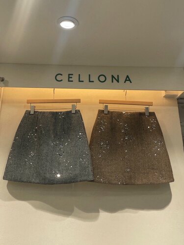 直邮 首尔印象韩代 25fw CELLONA亮片粗呢高腰A字带内衬半身短裙