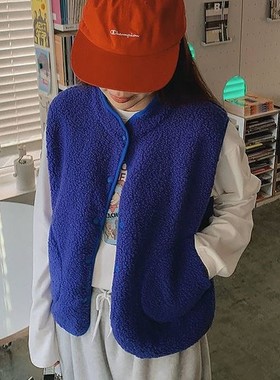 包邮 首尔印象韩代 25fw 显白宝蓝色温暖摇粒绒马甲背心女秋冬新