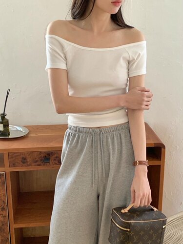 whynot 26ss东大门 休闲风短袖棉质韩系上衣修身型一字肩女士T恤