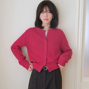 直邮 首尔印象韩代 25fw 温柔洋气洋红色开襟针织衫毛衣秋冬新款