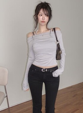 直邮 首尔印象韩代 26ss 性感纯欲风吊带一字领露肩修身长袖T恤女