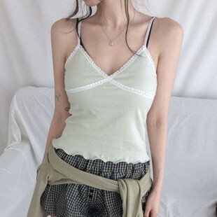 休闲风薄款 26ss 首尔印象韩代 浅绿色内搭蕾丝女士吊带背心 包邮