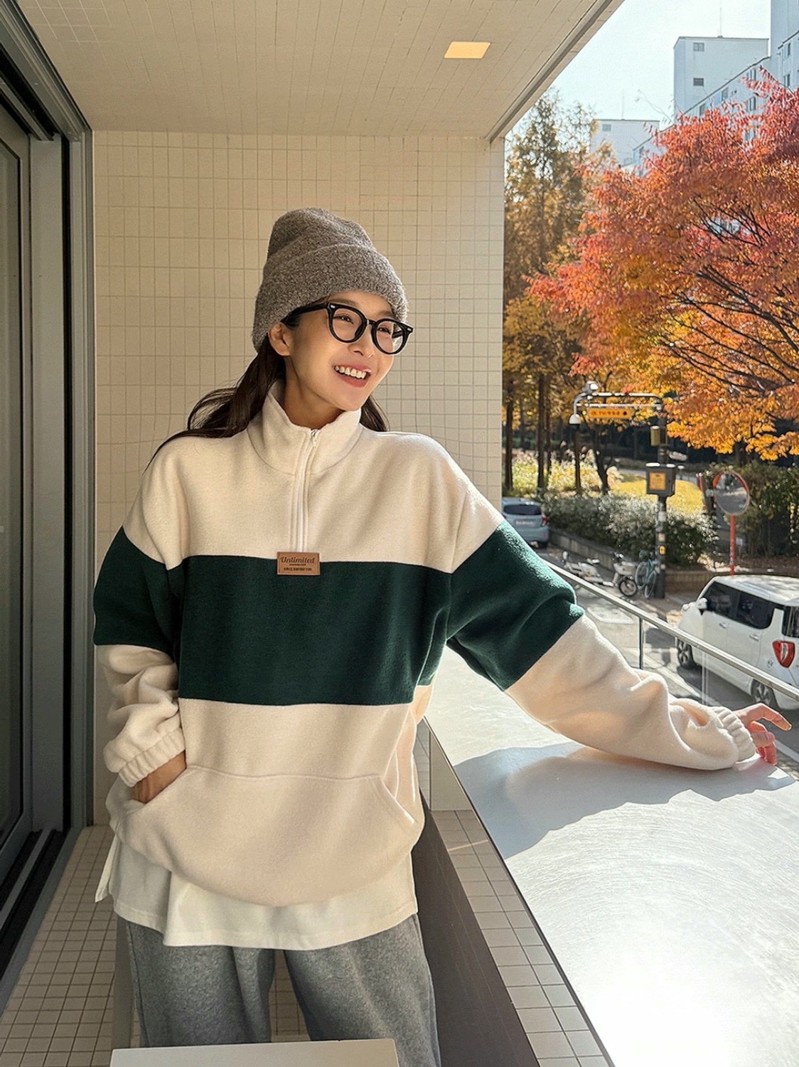 直邮 东大门代购 mercy半拉链立领拼色口袋摇粒绒卫衣女秋冬新款