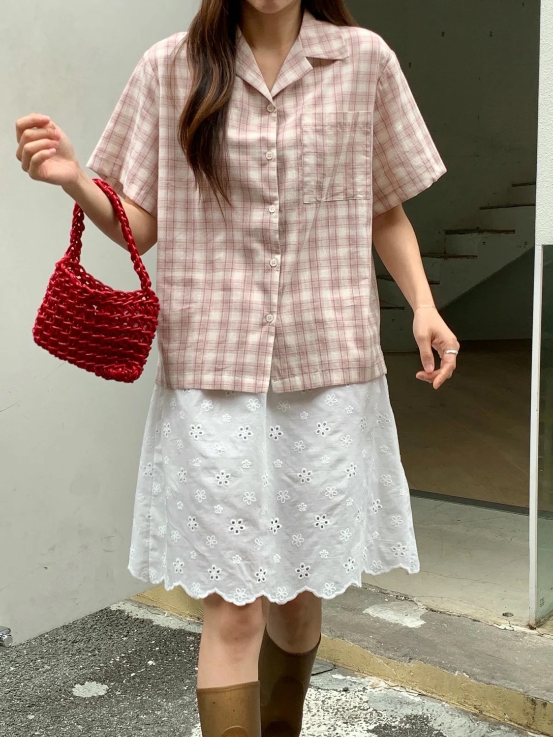 直邮 首尔印象韩代 Forme西装领格子单排扣休闲短袖衬衫25夏季新