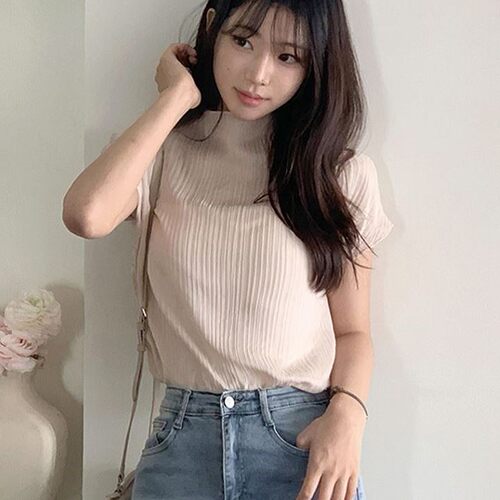 直邮 首尔印象韩代 26ss 温柔风气质竖纹理小高领显瘦短袖衬衫女