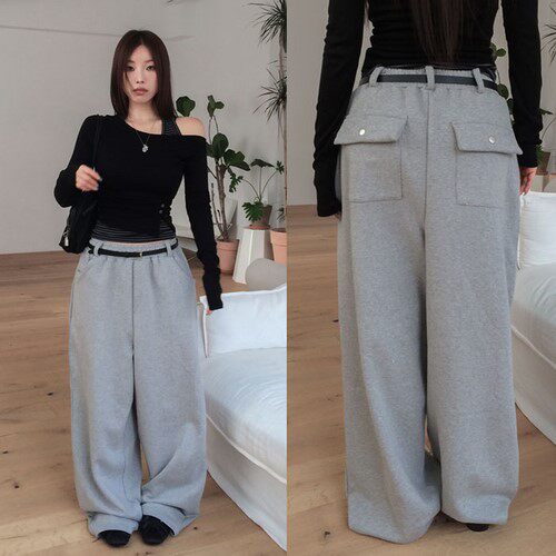包邮 首尔印象韩代 26SS 松紧高腰大口袋宽松阔腿休闲长裤女