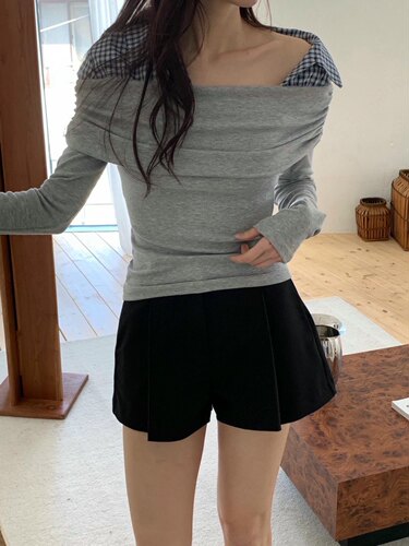 whynot 26ss东大门 复古露锁骨格子衬衫翻领拼接修身长袖T恤上衣