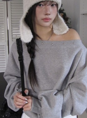 直邮 东大门代购modimood 铆钉设计斜露肩宽松加绒T恤女秋冬新款