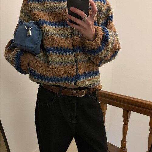 直邮 东大门代购 名族风花纹羊羔绒保暖拉链立领外套摇粒绒女秋冬