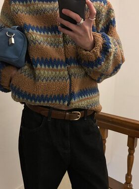 直邮 东大门代购 名族风花纹羊羔绒保暖拉链立领外套摇粒绒女秋冬