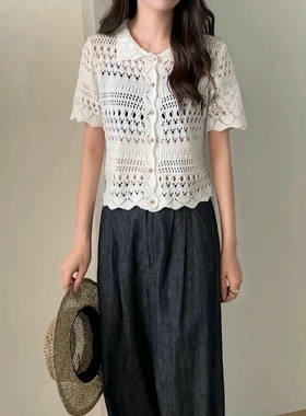 包邮 首尔印象韩代 cellona日常通勤镂空翻领短袖针织开衫女25秋