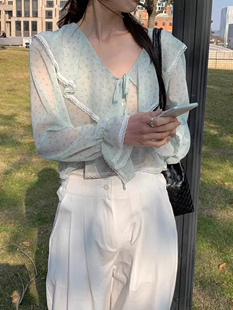 东大门代购 26SS over 女早春 荷叶边碎花系带长袖 衬衫 仙仙 all