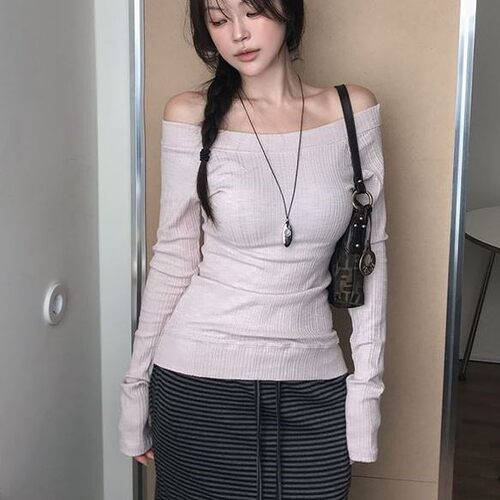 hypnotic同款 首尔印象韩代 26fw 东大门一字肩长袖T恤女显瘦上衣