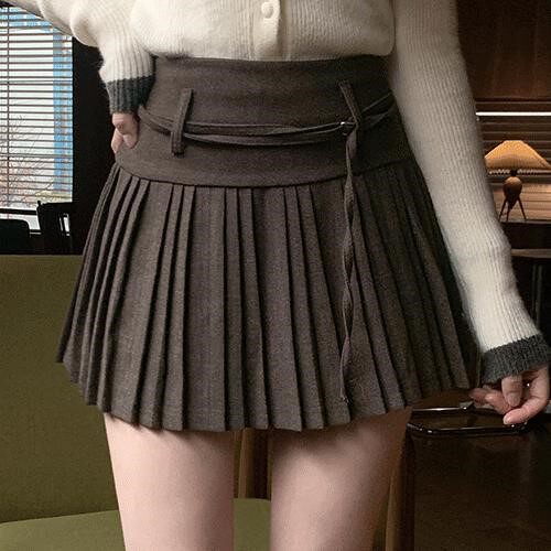 直邮 东大门代购 TTUTTA俏皮可爱高腰系带百褶A字半身短裙秋冬新