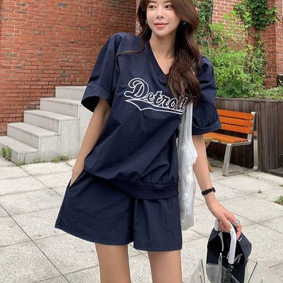 包邮 首尔印象韩代25夏季新款 东大门themood字母V领上衣短裤套装