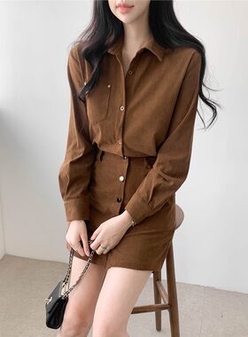 直邮 25fw 首尔印象韩代 复古焦糖棕裹裙假两件灯芯绒衬衫连衣裙