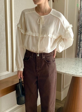 直邮 seconddress 25fw 韩系小姐姐木耳边系带长袖衬衫女秋季新款