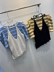 BANANA 挂脖吊带斜摆条纹泡泡短袖 26ss 直邮 T恤 东大门代购 BLUE