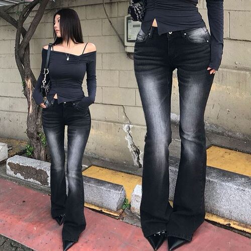 hypnotic同款 首尔印象韩代 26fw低腰磨白黑蓝水洗牛仔喇叭裤女