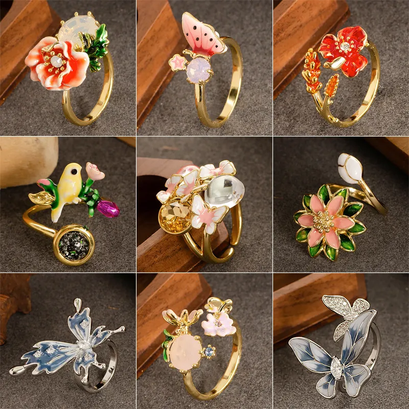 法式优雅滴油花朵锆石开口戒指女轻奢时尚高级感胖手可调节食指戒