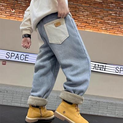 男童加绒裤子羊羔绒冬装中大童一体绒牛仔裤2024新款冬季加厚棉裤