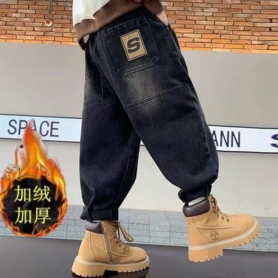 男童裤子加绒加厚2023新款男孩冬季牛仔裤中大儿童潮流长裤一体绒