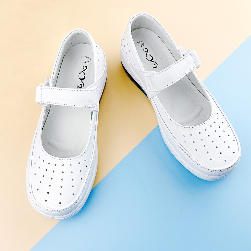 NYI白色夏季新款气垫护士鞋头层牛皮软底防滑透气医院平底工作鞋