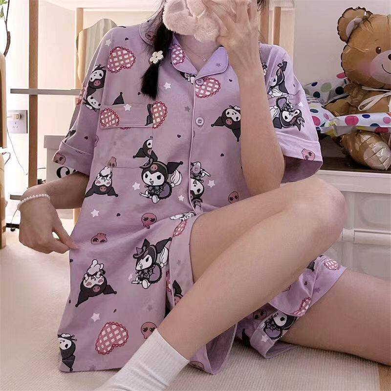 甜美女生家居服纯棉开衫短袖睡衣