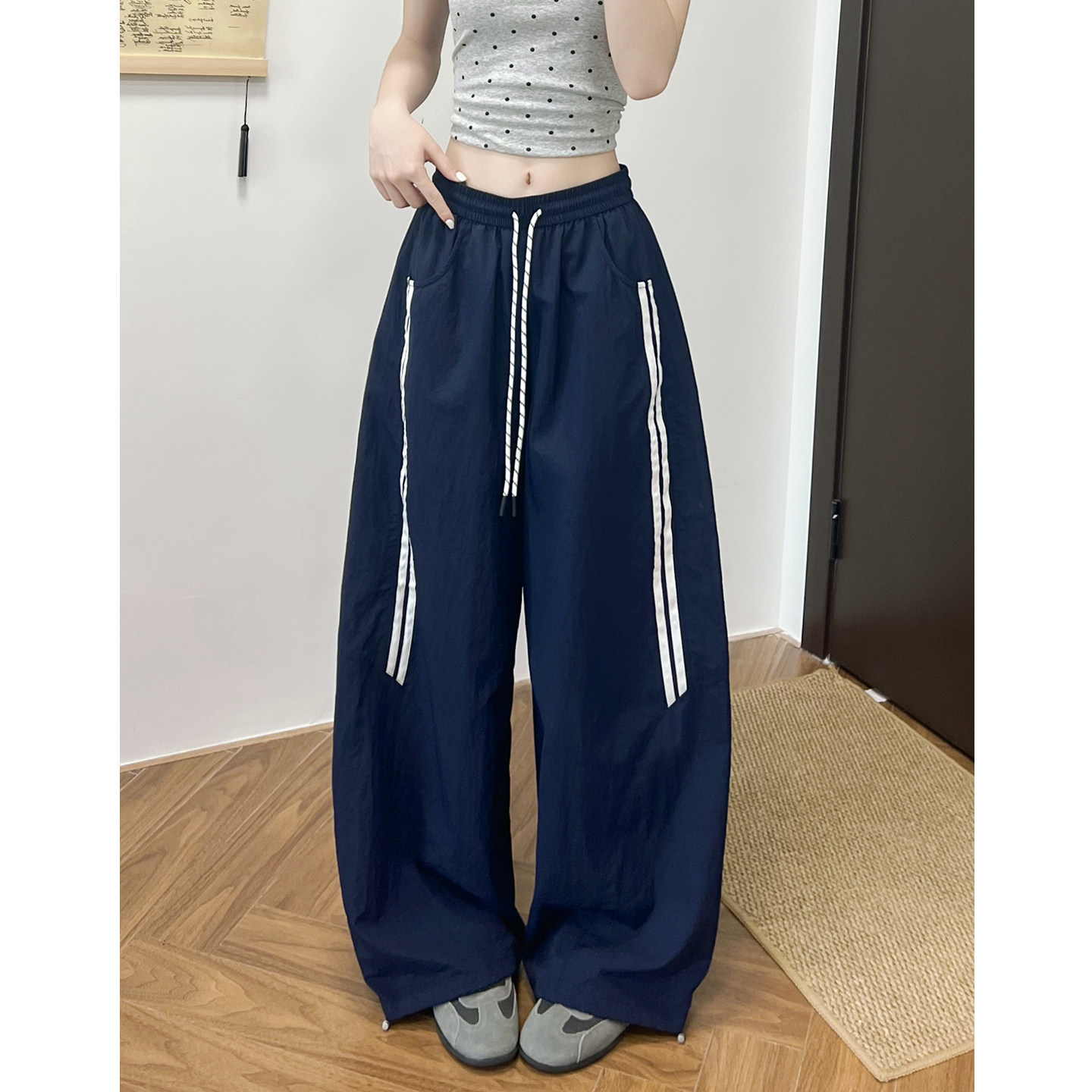 美式复古运动风速干冲锋裤设计感休闲裤女宽松慵懒松弛防晒裤子夏