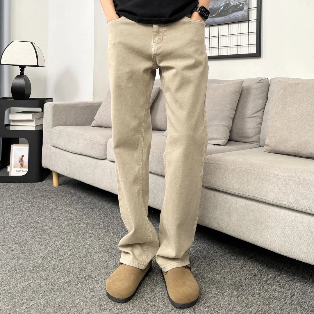 美拉德杏色春季修身休闲直筒裤复古宽松复古大码牛仔裤长裤男士