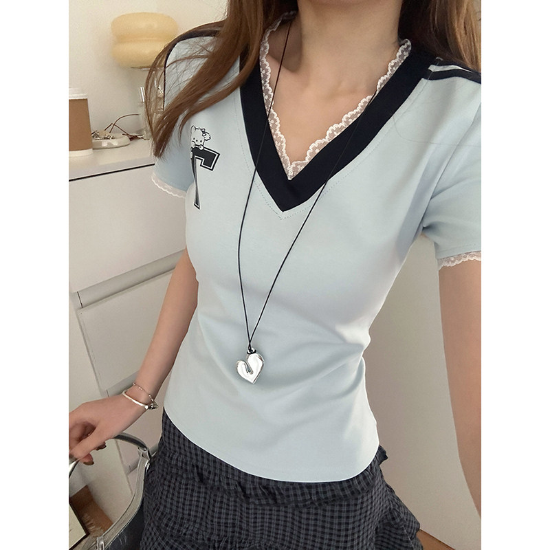 美式印花V领正肩短袖T恤女装运动