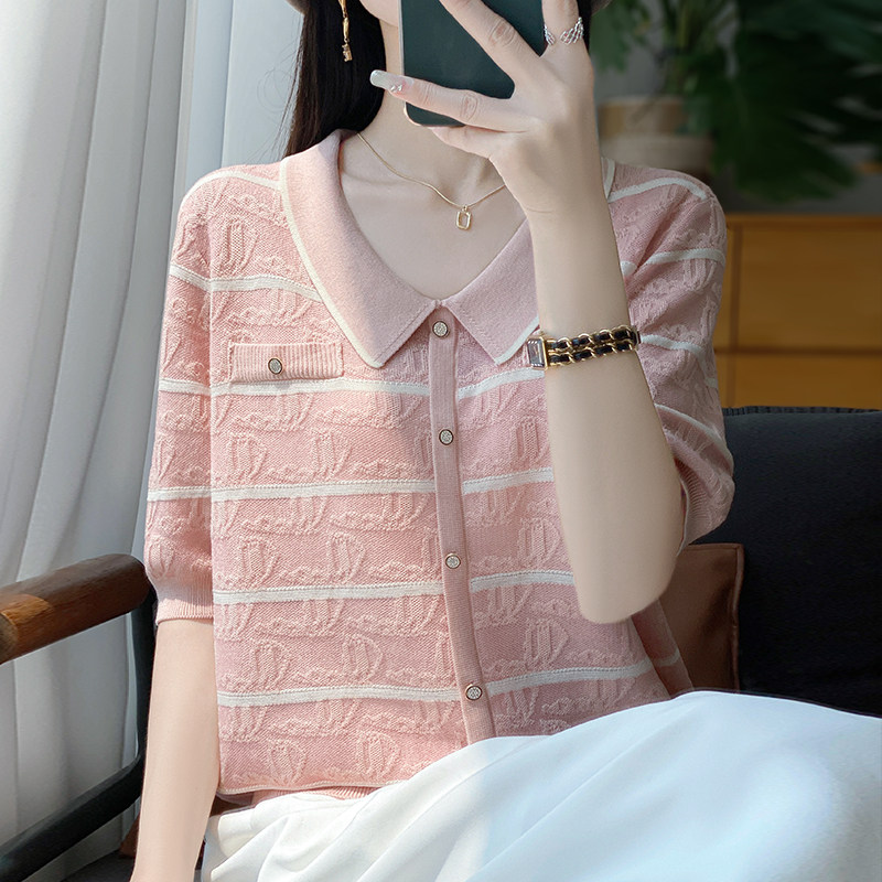 拉夏贝尔条纹提花短袖t恤女夏季打底衫洋气大码女装冰丝针织上衣