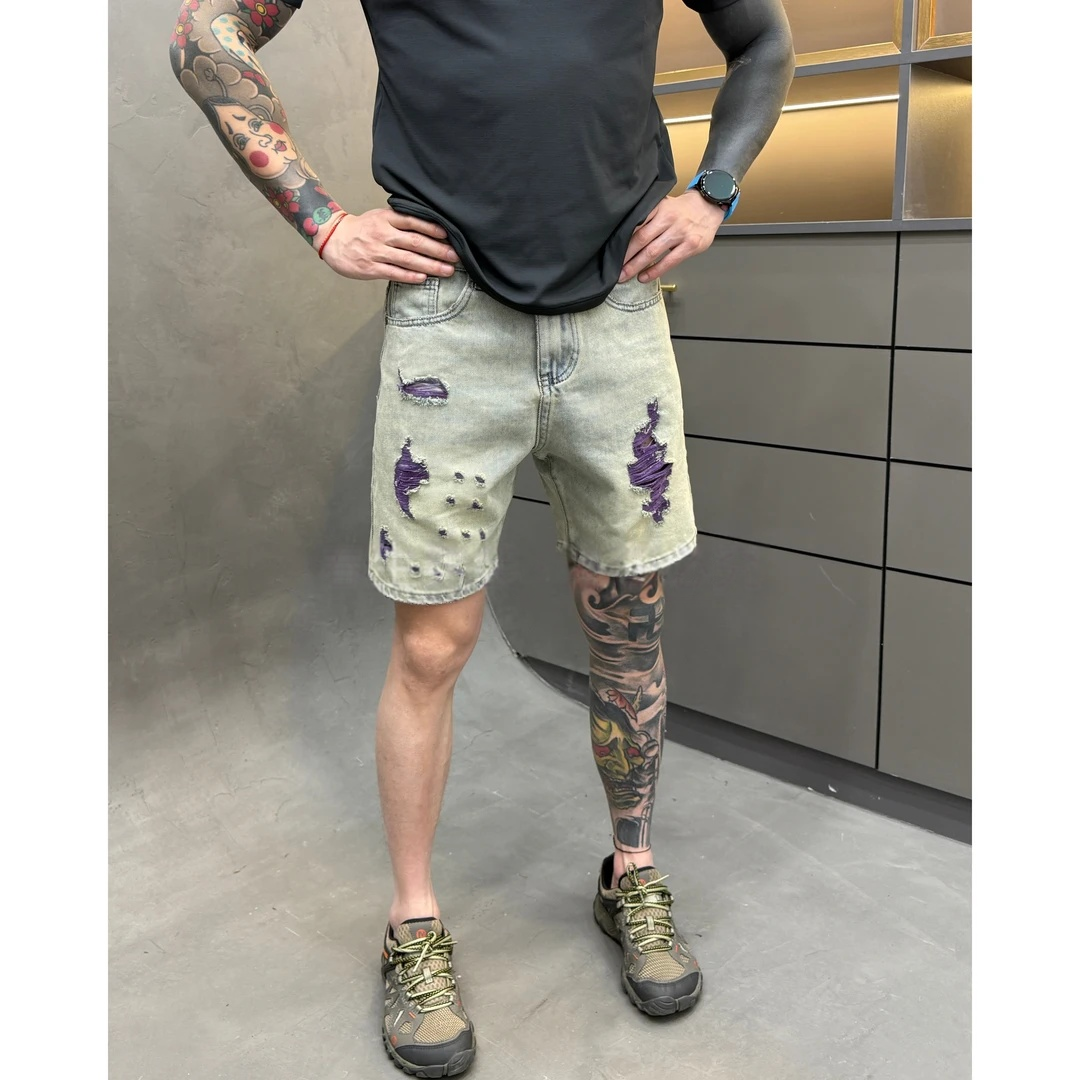 夏季薄款复古做旧浅蓝破洞牛仔短裤男潮流帅气宽松五分中裤子美式