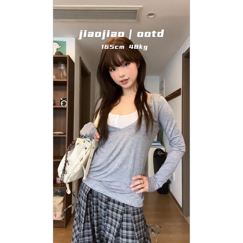 Sleep at 11韩系春季两穿v领挂脖吊带长袖T恤女打底衫上衣两件套