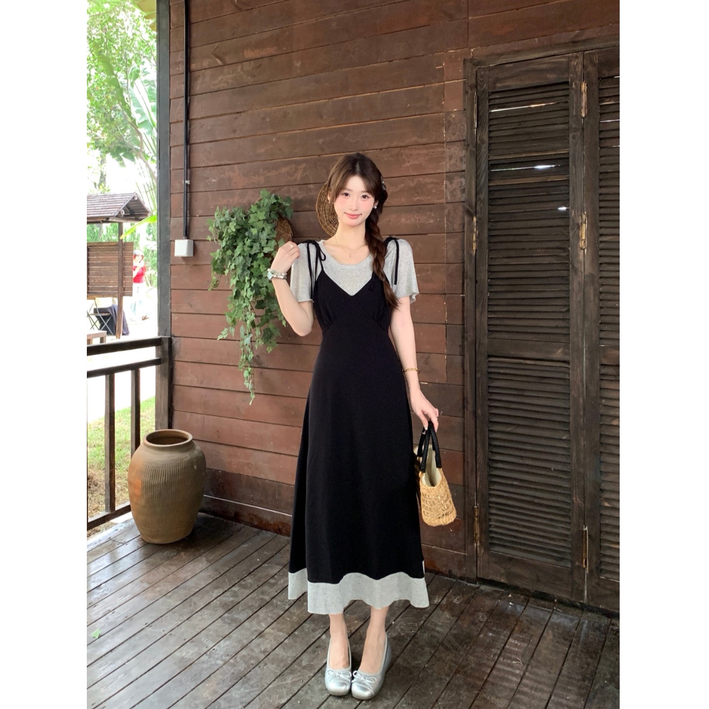 胖mm宽松显瘦假两件吊带长裙女夏季新款休闲拼接蕾丝短袖连衣裙子