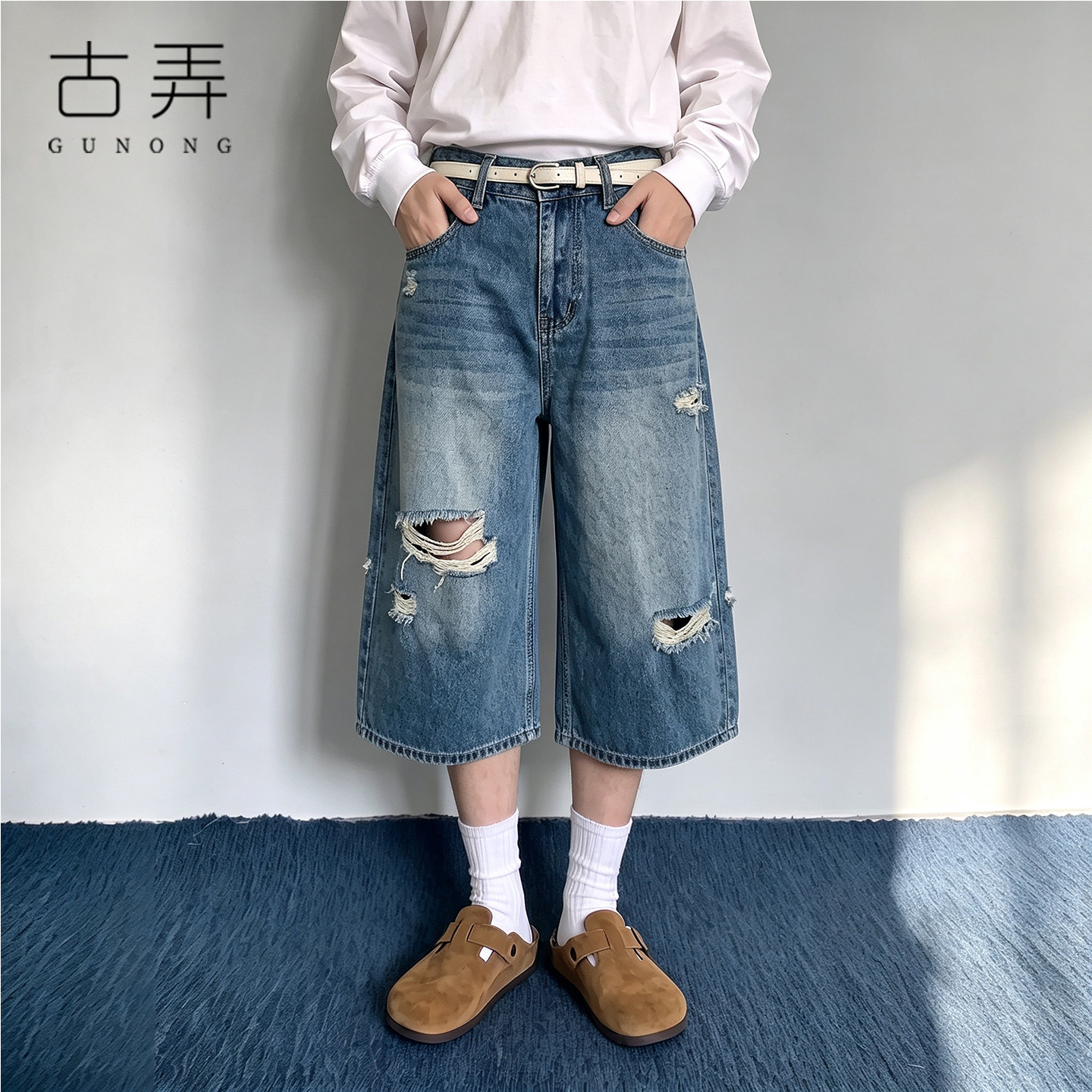 美式复古破洞牛仔七分裤女2026夏季新款高腰宽松直筒显瘦阔腿裤子