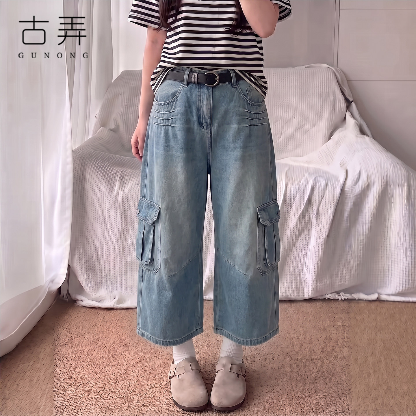 复古蓝七分工装牛仔裤女夏季新款高腰宽松显瘦大口袋休闲阔腿裤子