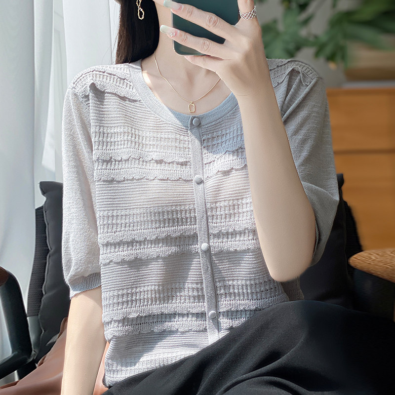 拉夏贝尔蕾丝时尚短袖t恤女夏季打底衫洋气大码女装冰丝针织上衣