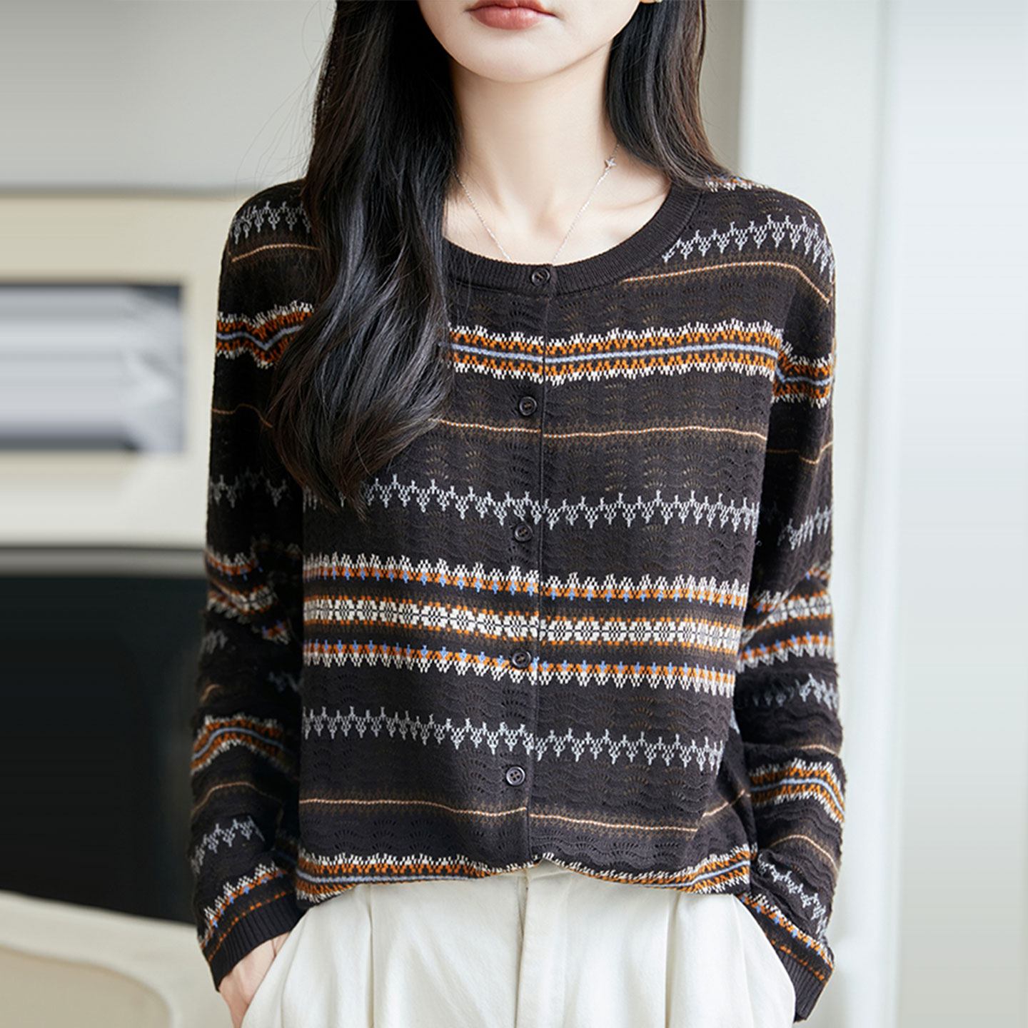 圆领针织开衫外套女毛衣