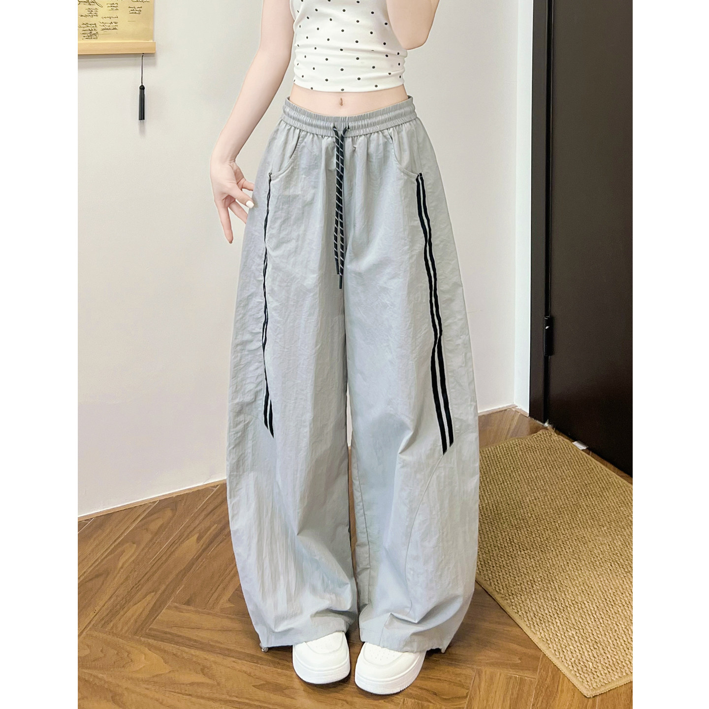 美式复古运动风速干冲锋裤设计感休闲裤女宽松慵懒松弛防晒裤子夏