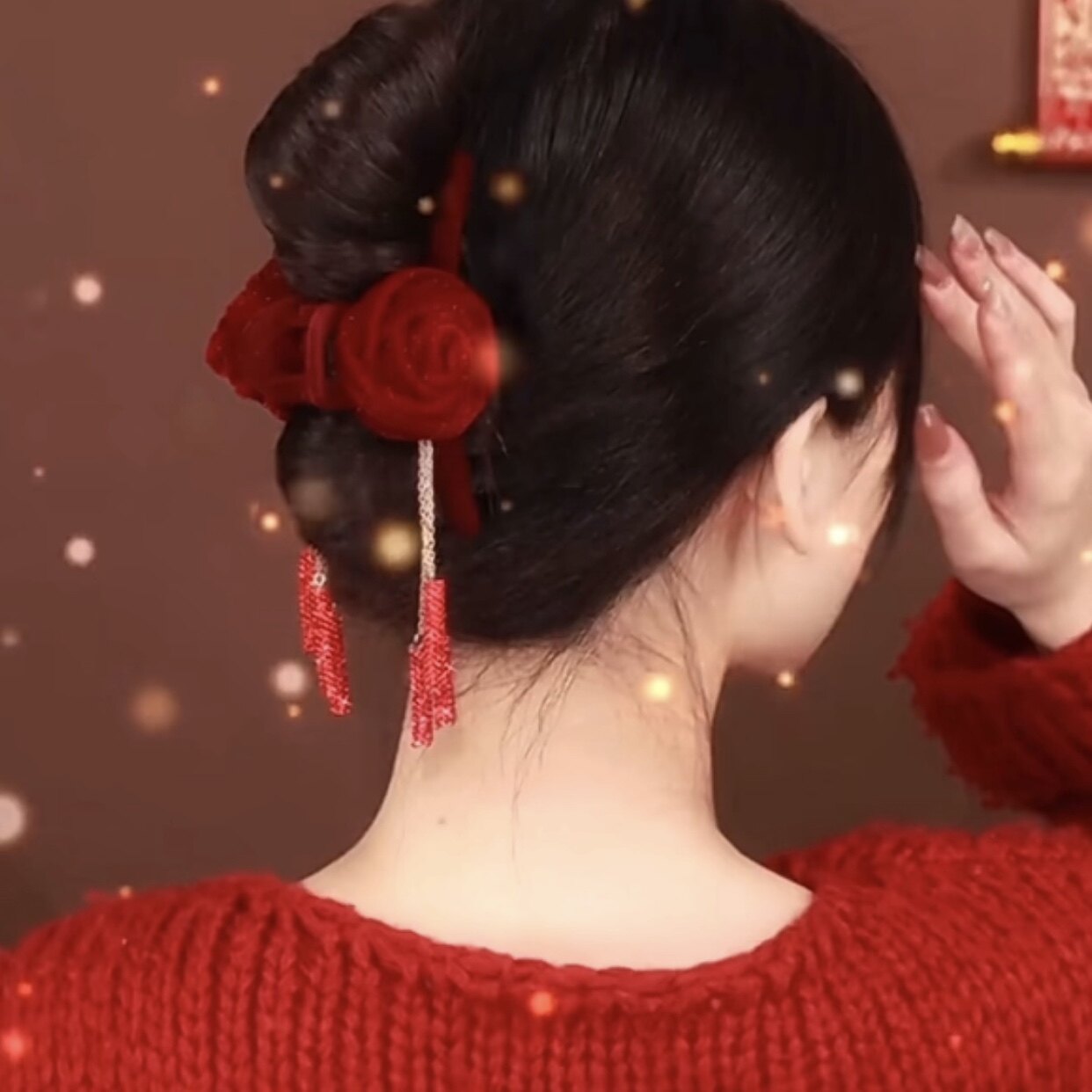 韩版流光玫瑰花抓夹后脑勺鲨鱼夹敬酒服头饰红色喜庆旗袍流苏发夹