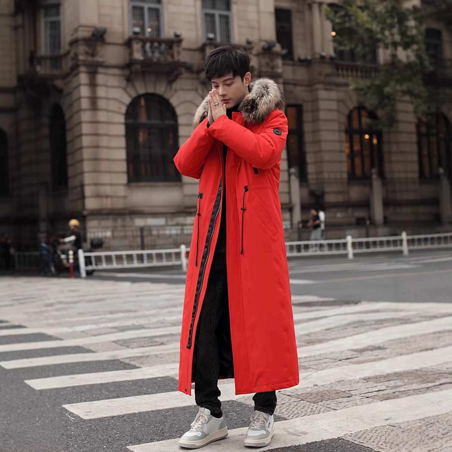 红色羽绒派克服长款过膝冬季新款兔毛皮毛一体大码青少年男款外套