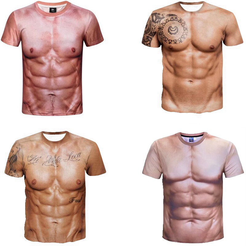 3D肌肉男t恤搞笑大猩猩图案短袖t恤仿真显胸肌假腹肌男士紧身衣服