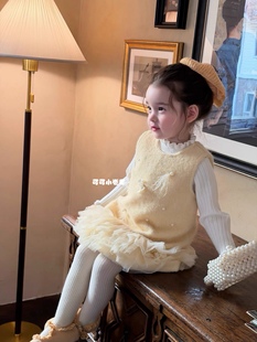 年服鹅黄色蝴蝶结过年衣服女童毛呢连衣裙真两件套背心裙奶黄包