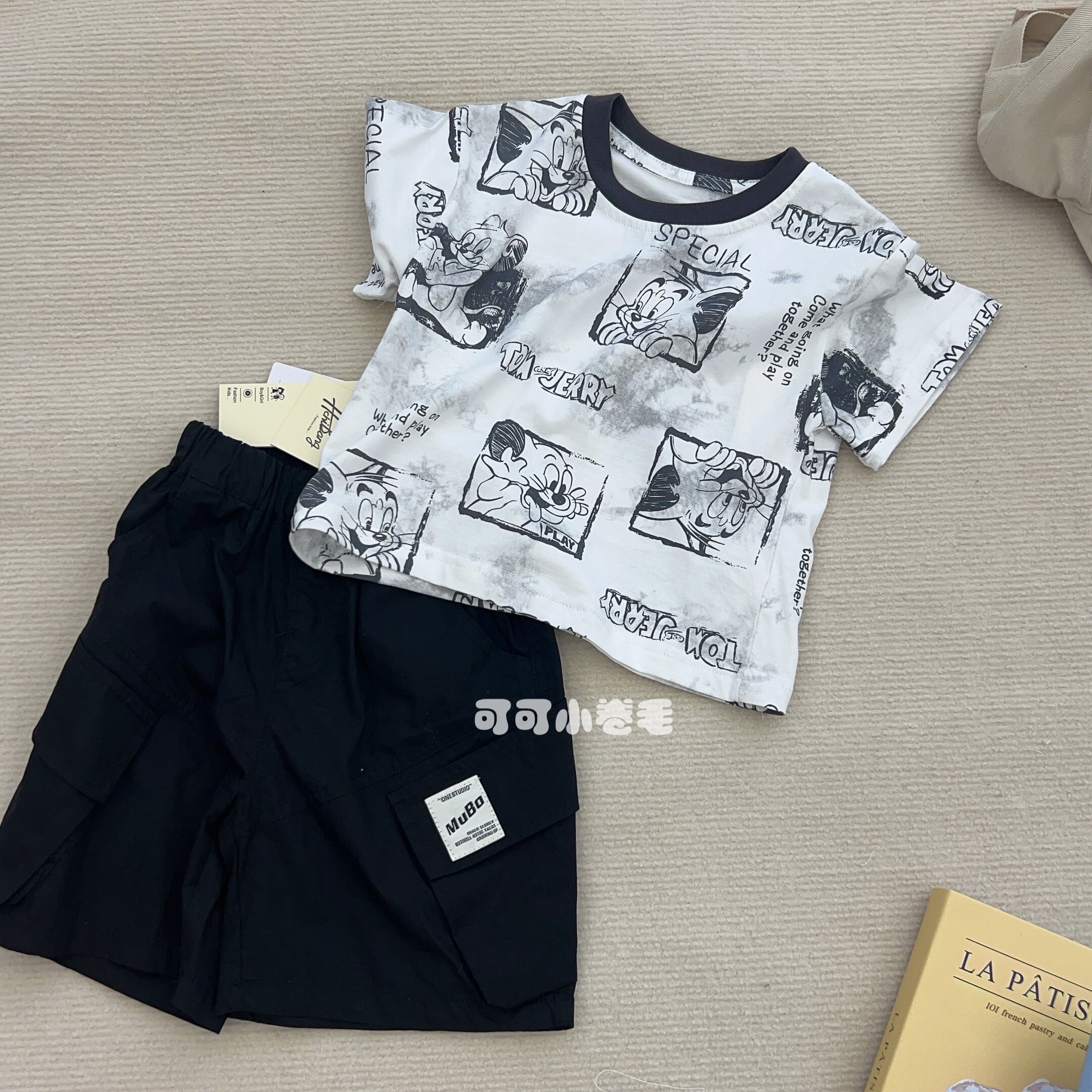 灰翅膀童装男童夏天纯棉短袖卡通男童T恤套头汤姆猫工装裤实体店图片