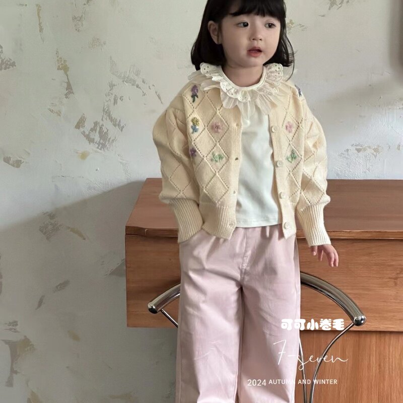 7seven童装粉色牛仔裤百搭洋气女童窄版阔腿裤软萌女宝长裤直筒裤 - 实物图